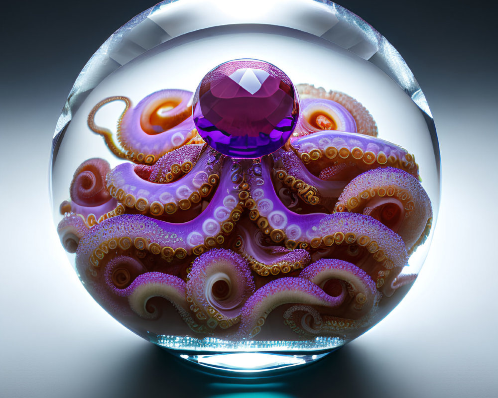 Realistic purple octopus sculpture in glass sphere with gem on reflective surface