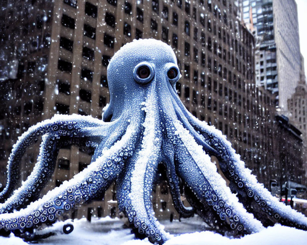 Blue octopus overlaid on snowy cityscape: surreal urban winter scene