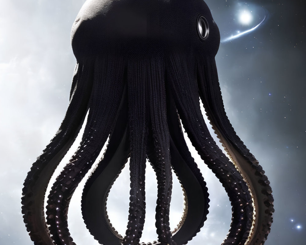 Detailed Black Octopus in Cosmic Setting with Planet and Moon