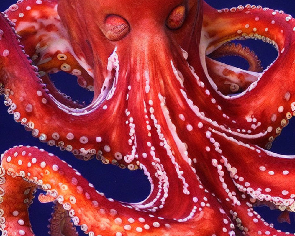 Colorful Red Octopus with White Suction Cups on Blue Background