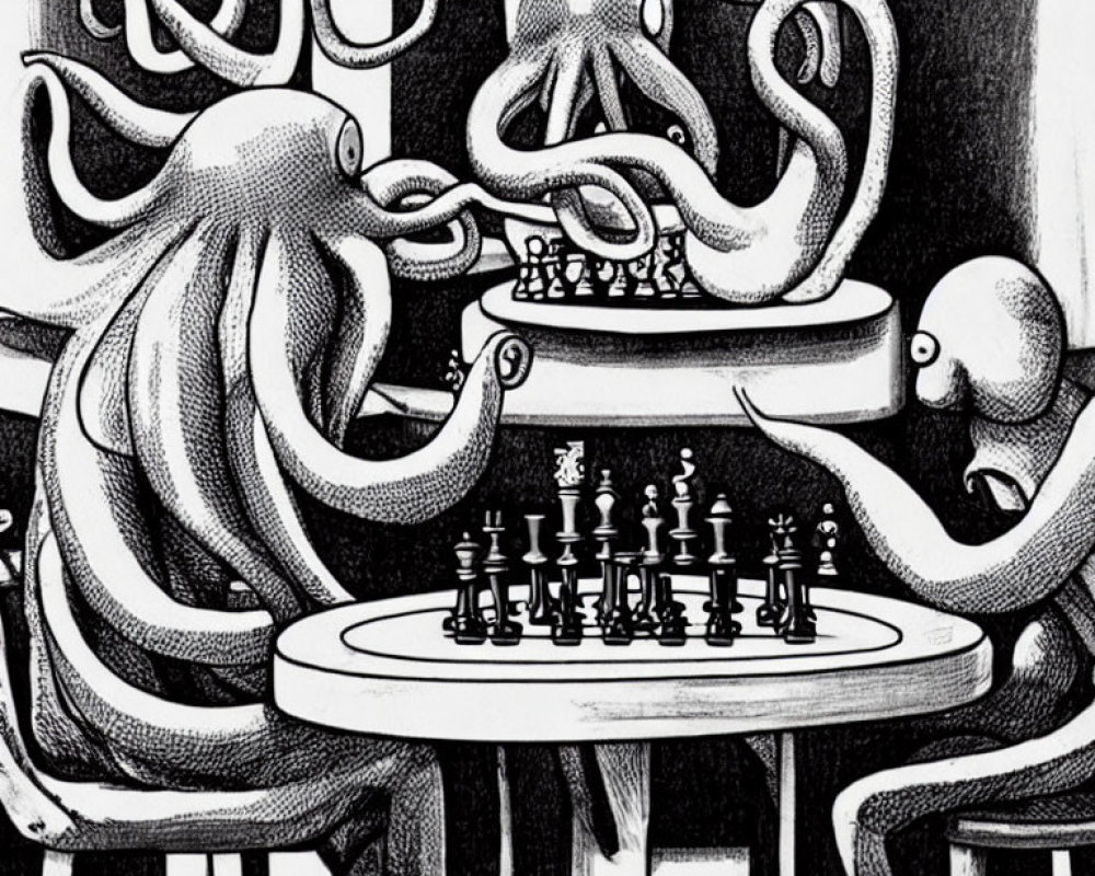 Three octopuses playing chess with intertwined tentacles