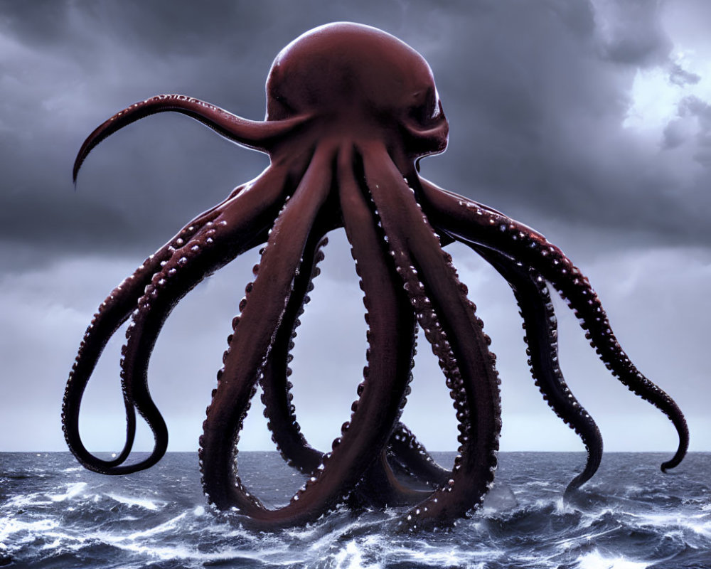 Giant Octopus Emerges from Turbulent Ocean Waters in Stormy Sky