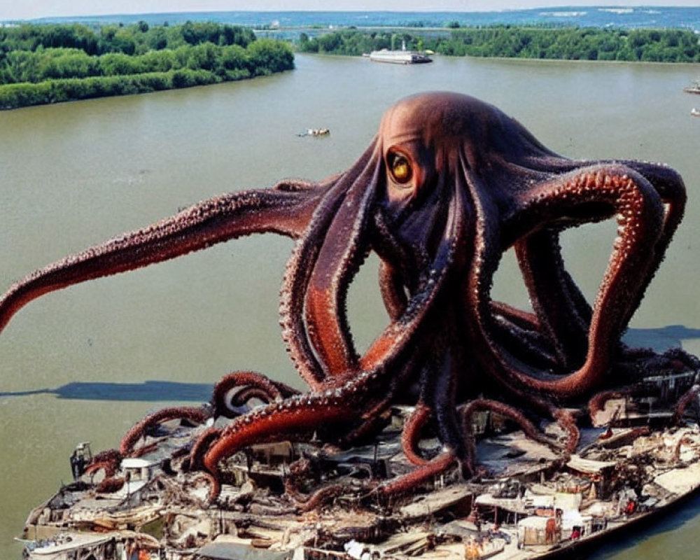 Enormous octopus over ship and docks in river landscape