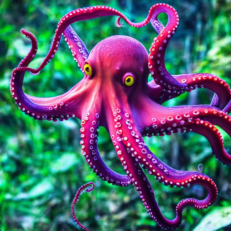 Colorful red octopus with long tentacles and suction cups in green underwater scene