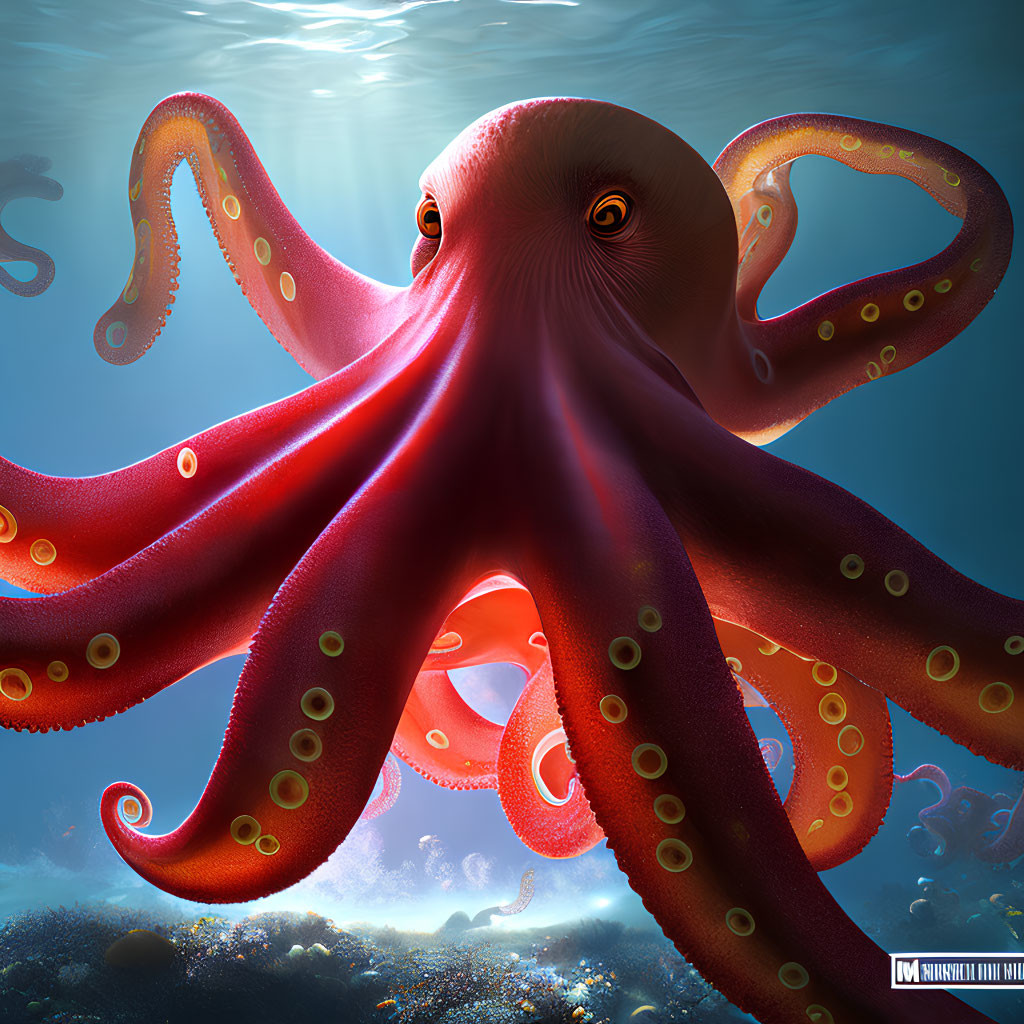 Colorful Underwater Illustration: Large Red Octopus with Sunlight Filtering Through Ocean