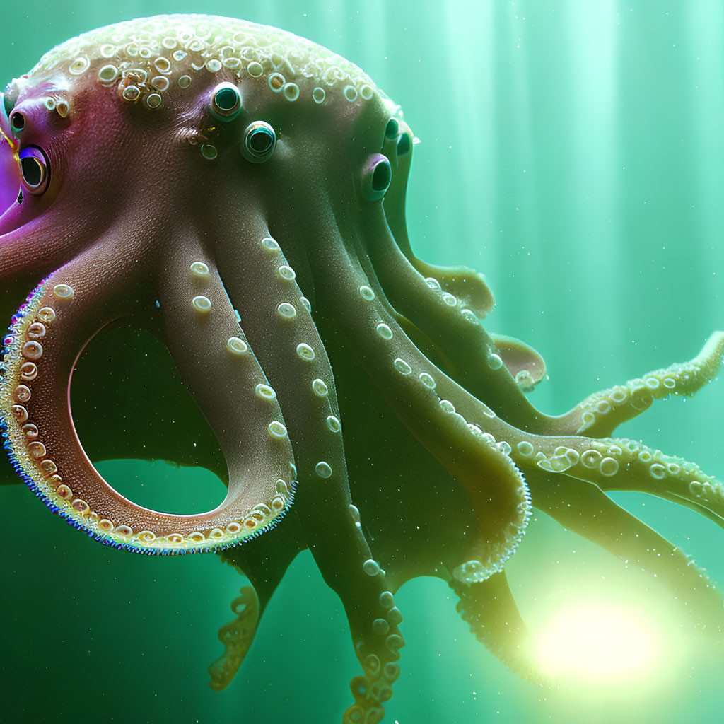 Detailed Hyperrealistic Octopus Illustration with Vibrant Colors and Sunlight Submerged in Water