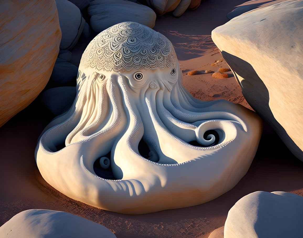 Surreal 3D-rendered octopus with intricate patterns in desert sunset