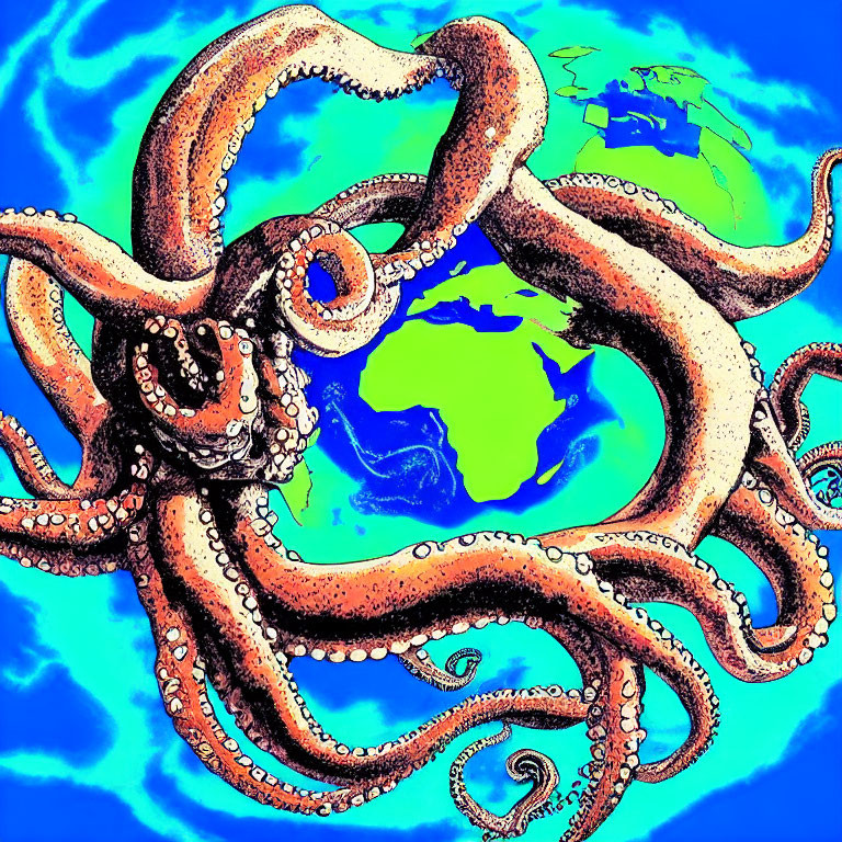 Detailed octopus and globe illustration on blue background