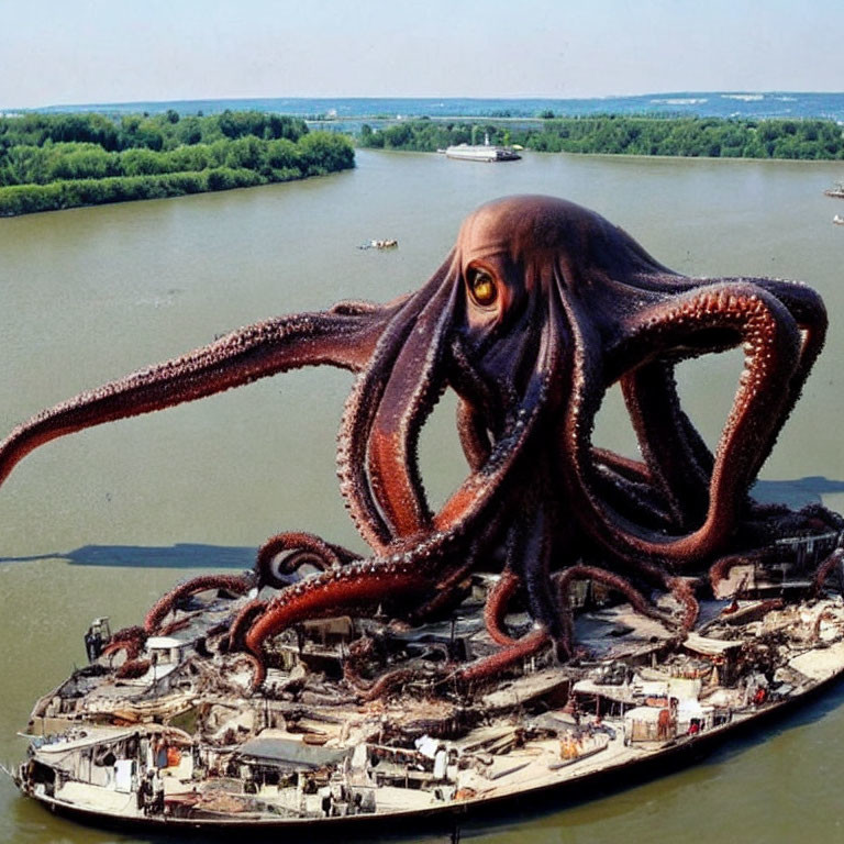 Enormous octopus over ship and docks in river landscape