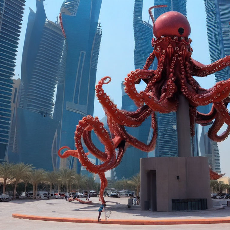 Red Octopus Sculpture Towering Over Person in Futuristic Plaza