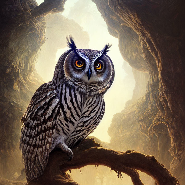 Majestic owl on gnarled branch in golden-lit woodland