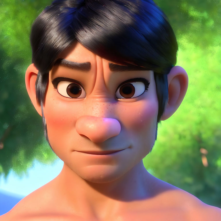 Close-Up of Smiling Male Animated Character with Dark Hair