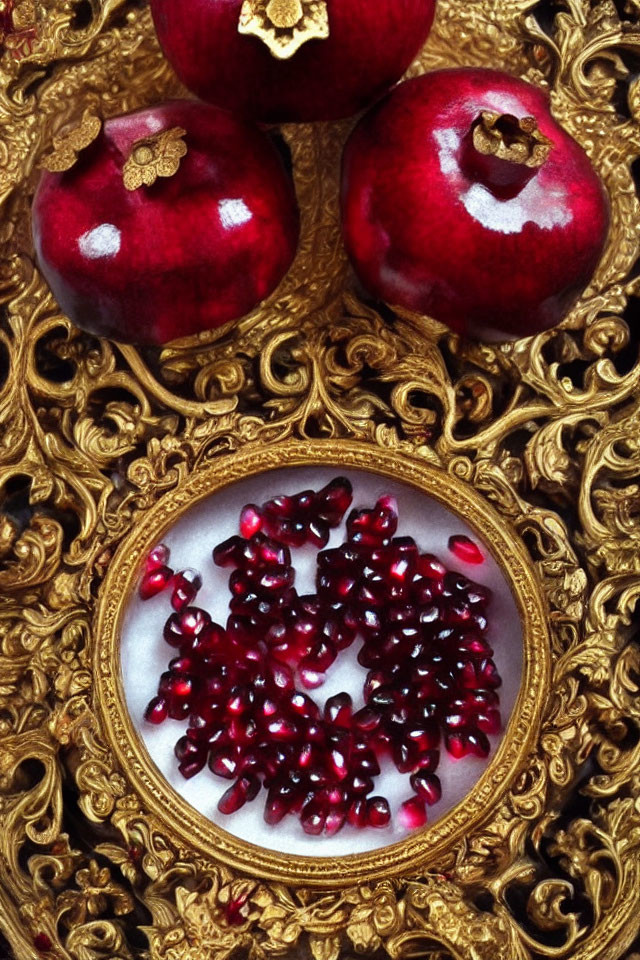 Fresh pomegranates and seeds on golden-patterned background