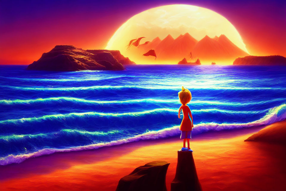 Child admires sunset over ocean with leaping dolphins and silhouetted mountains.