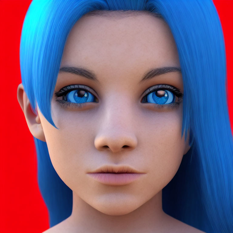 Vivid 3D animated female character with blue hair and eyes on red backdrop