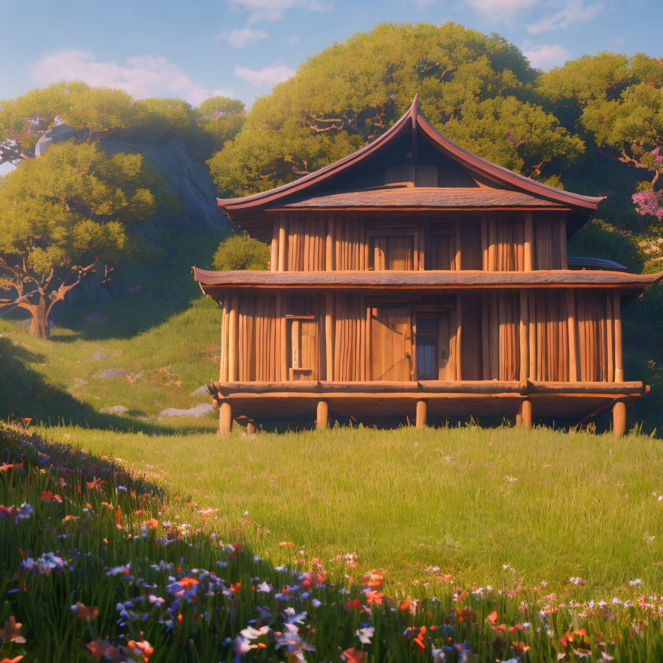 Traditional wooden house in blossoming flower field at sunset