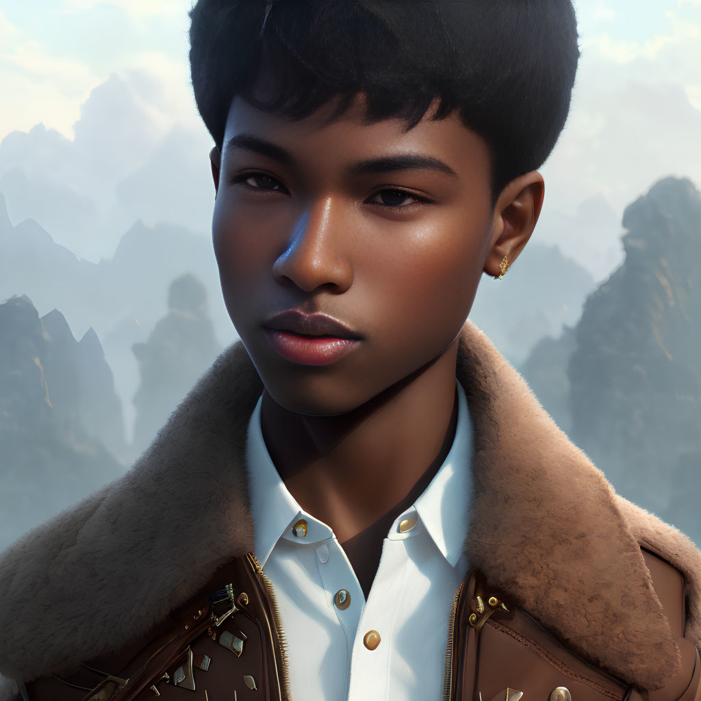 Young person in shearling collar jacket against mountain backdrop