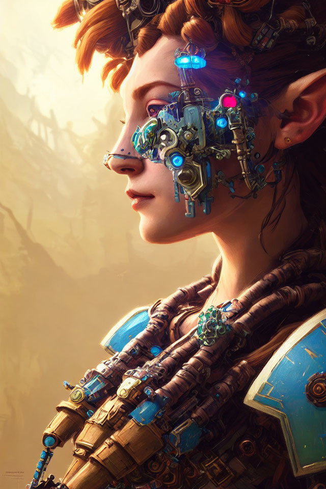 Female character portrait: elf ears, mechanical head parts, glowing blue eyes, braided hair, soft