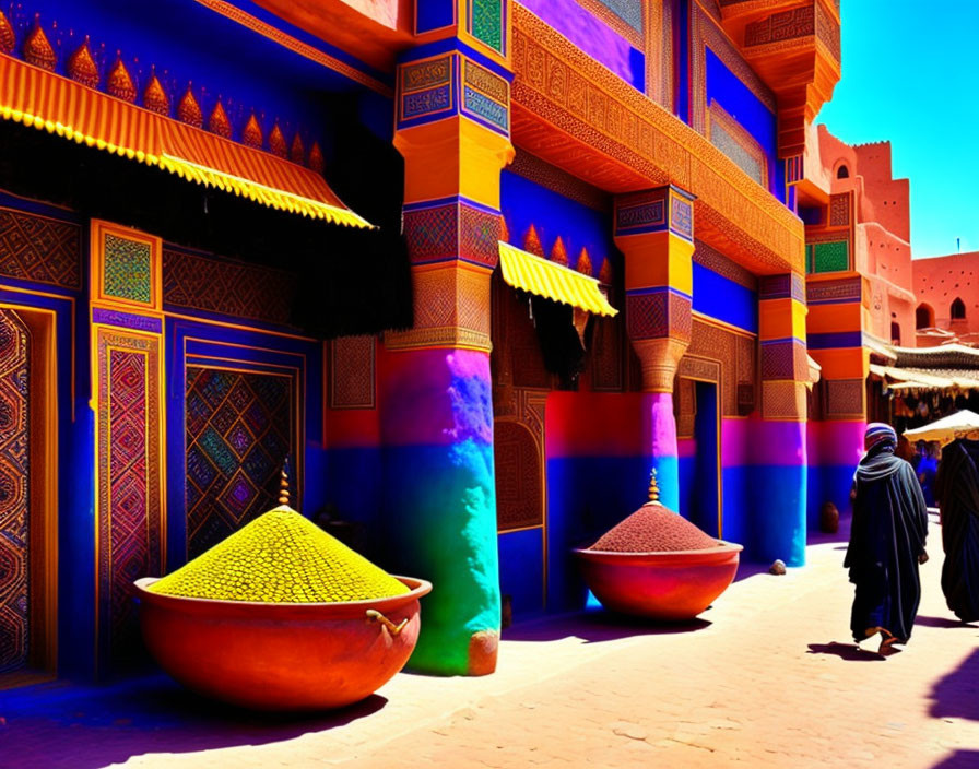 Colorful Moroccan street scene with traditional architecture and spices bowls