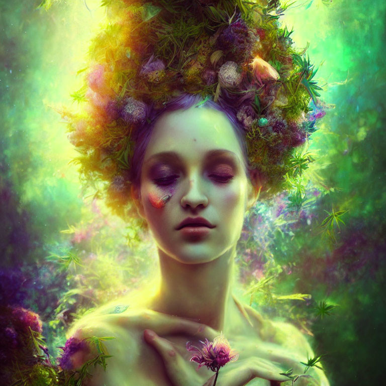 Portrait of a person with floral crown and vibrant makeup in mystical, colorful mist