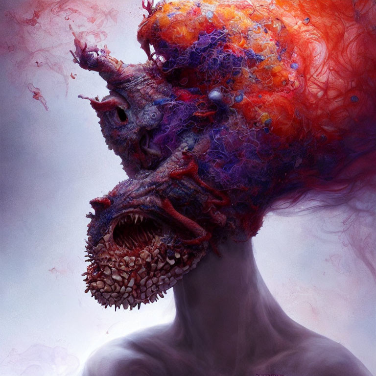 Vibrant surreal artwork: head explodes into chaotic colors with monstrous mouth.