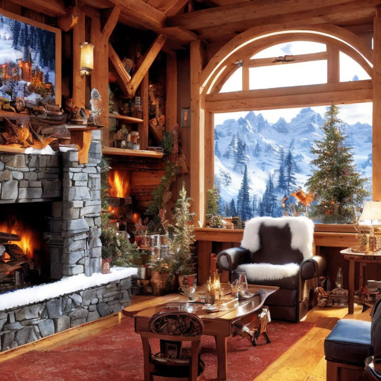 Mountain cabin interior with roaring fireplace, wooden beams, arched window, snowy view, festive decor