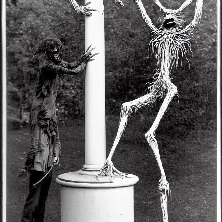 Black and White Photo of Grotesque Human-like Figures with Elongated Limbs