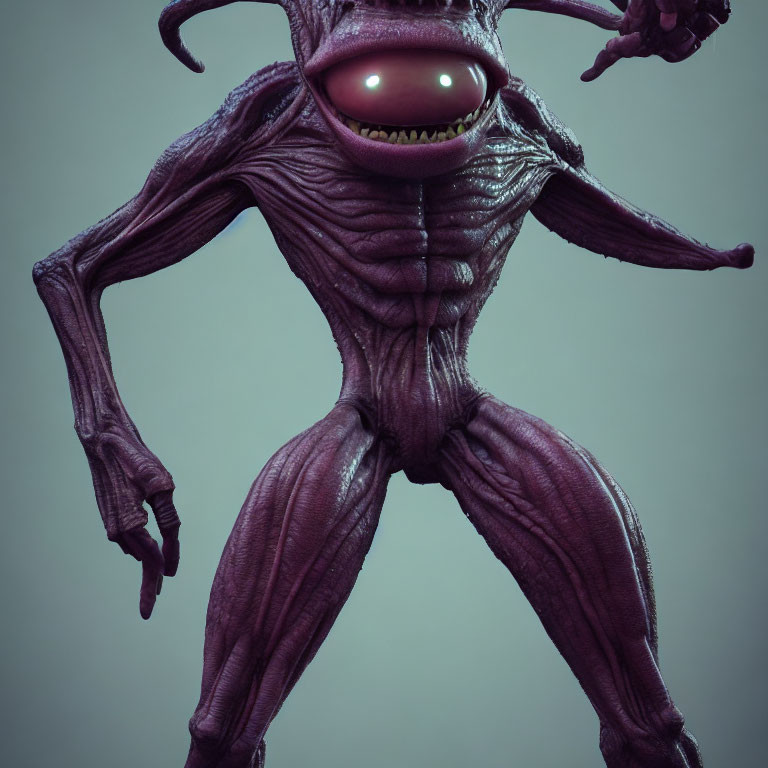 Purple Alien Creature 3D Model with Large Head and Green Eyes