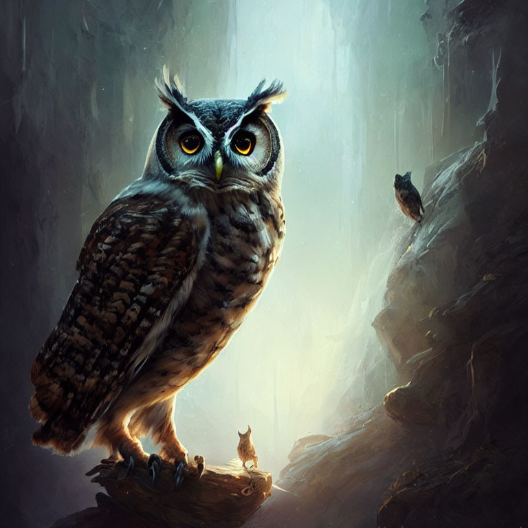 Majestic owl perched on branch in mystical forest