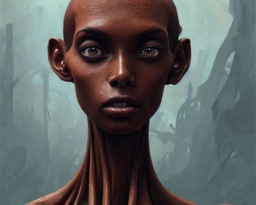 Elongated neck humanoid with large eyes in misty forest landscape