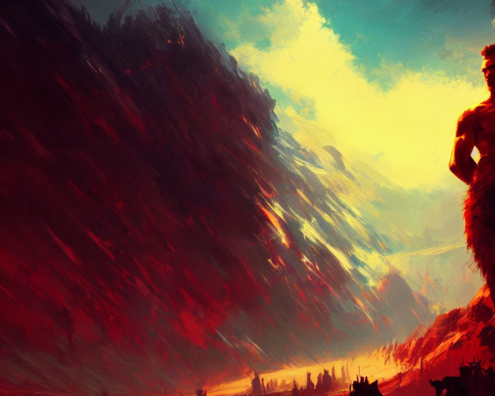 Colorful landscape painting with silhouette of person and smaller figures in fiery backdrop