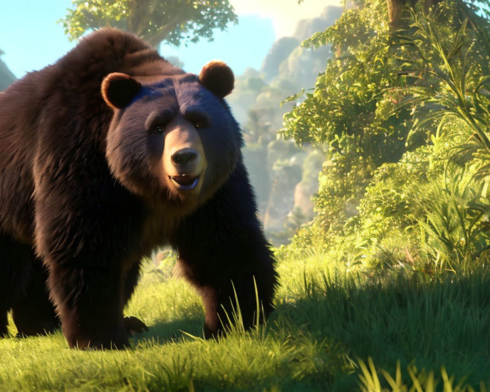 Friendly 3D Animated Bear in Sunlit Forest Clearing