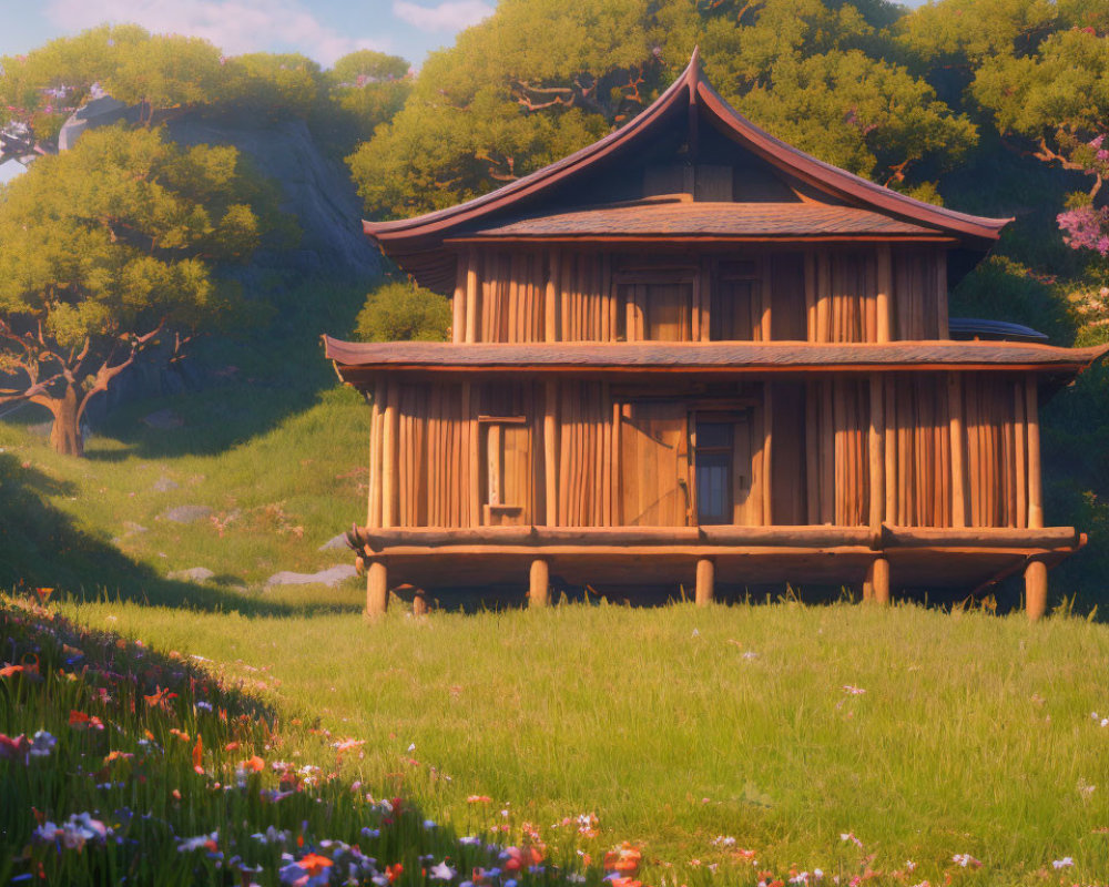 Traditional wooden house in blossoming flower field at sunset