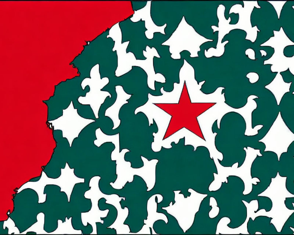 Detailed Flag: Red, Green, White Silhouette Patterns, Red Star