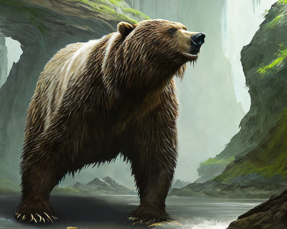 Brown bear in lush forest canyon with waterfall scenery