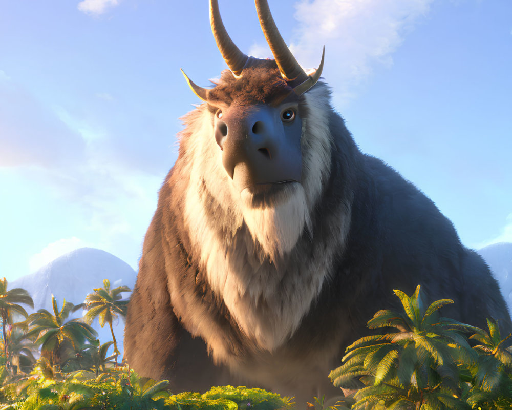 Animated Furry Creature with Horns in Sunny Jungle Environment