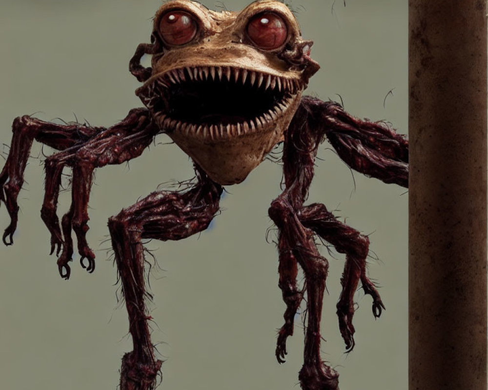 Creature illustration: wide-mouthed, large-eyed, slender-limbed monster resembling a twisted frog.