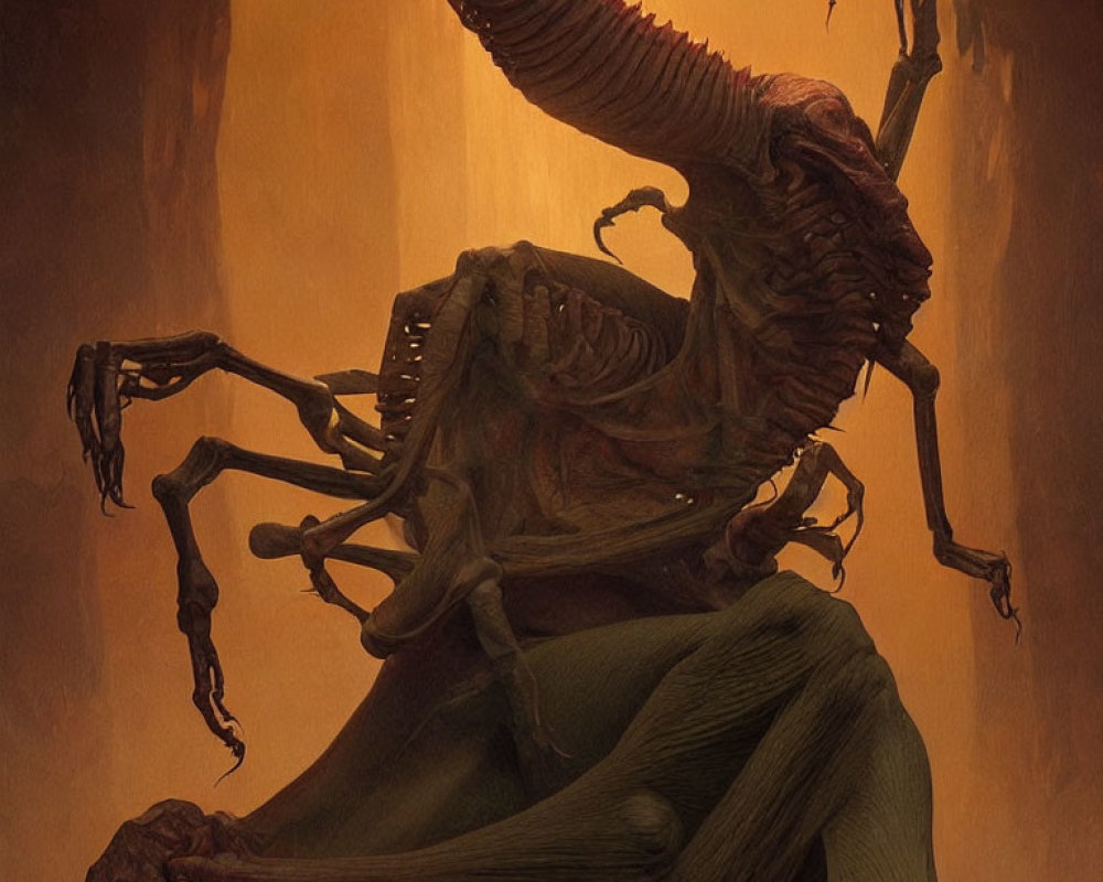 Elongated skull skeletal creature in sepia-toned environment