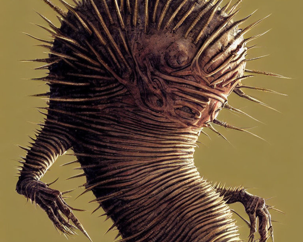 Detailed Illustration: Spiky Creature with Eerie Eyes and Clawed Fingers on Muted