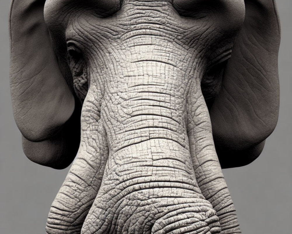 Detailed Close-up of Elephant's Textured Face with Ears and Trunk on Grey Background