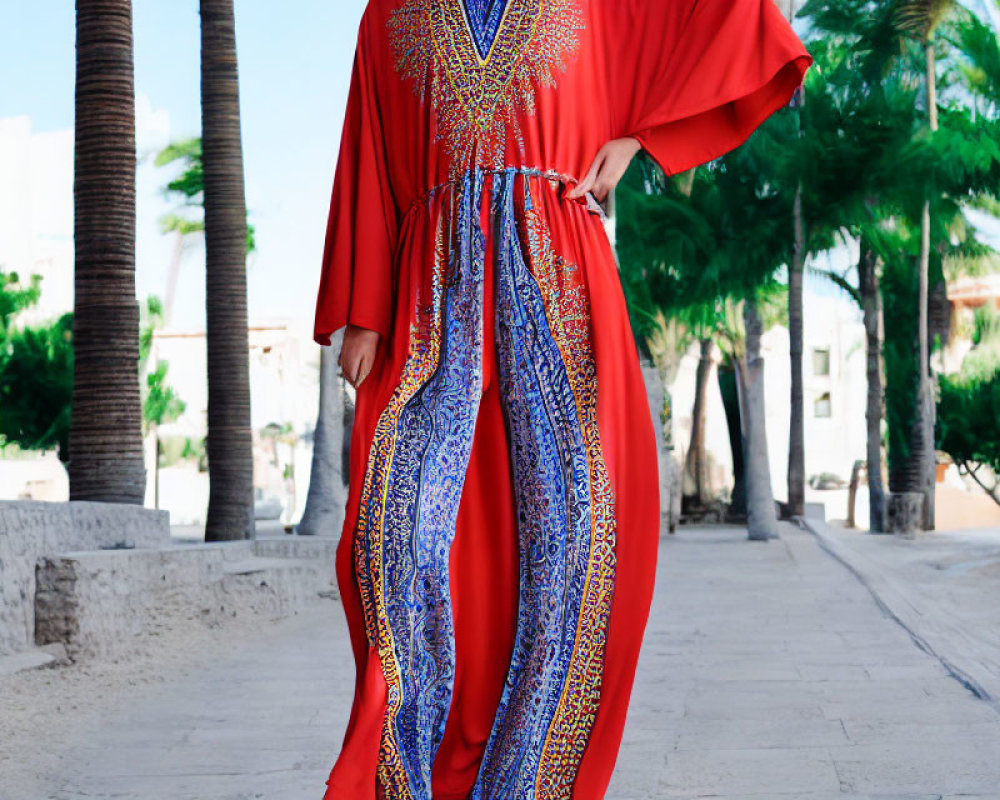 Vibrant Red Kaftan with Blue Patterns Near Palm Trees