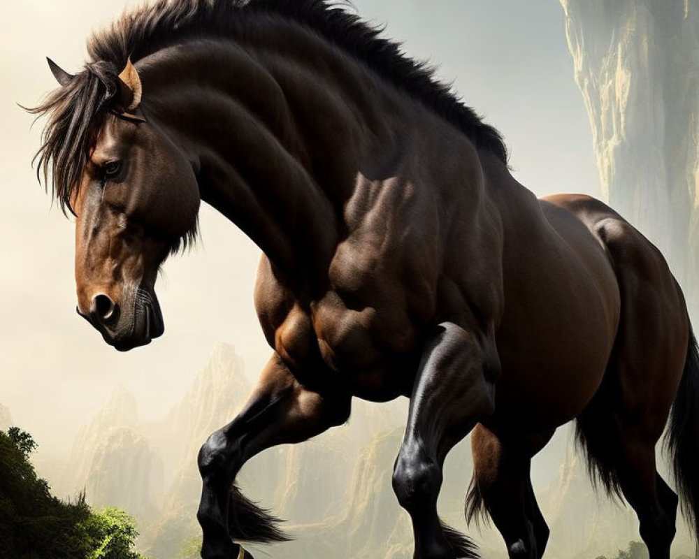 Majestic brown horse galloping in sunlit forest