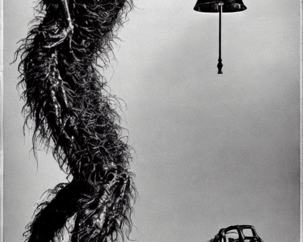 Surreal black and white image of hairy bipedal creature with hanging lamp and skeletal figure