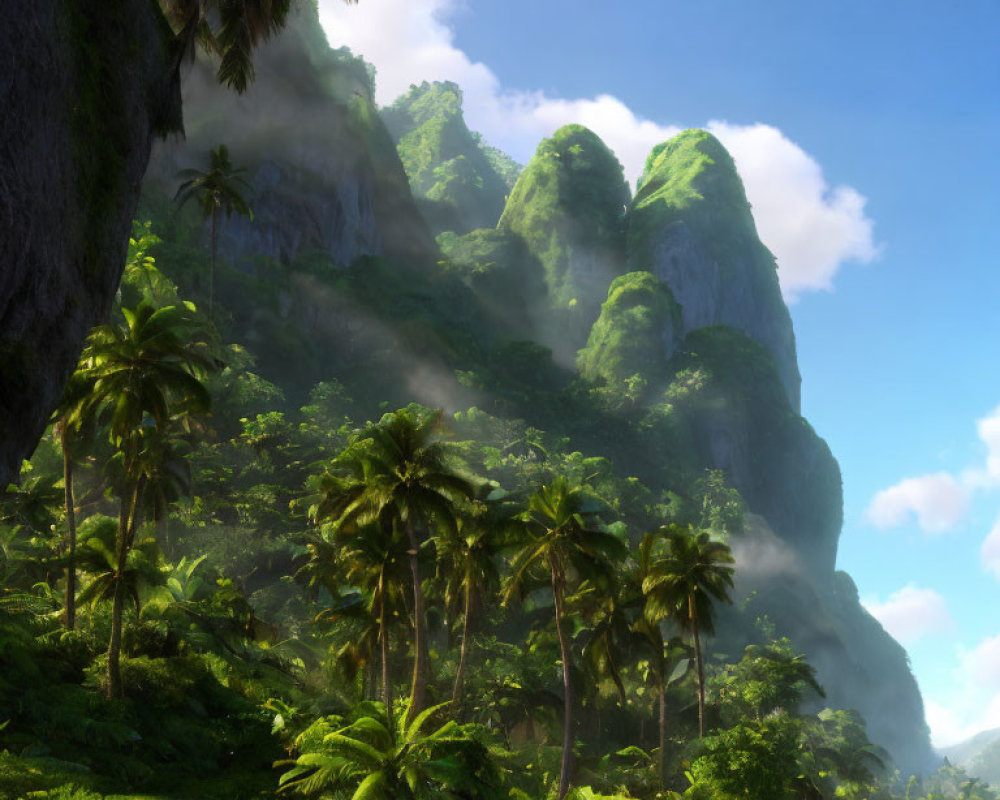 Tropical mountain landscape with cliffs, mist, and palm trees