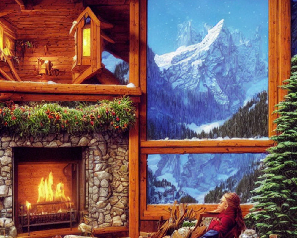 Warm Cabin Interior with Fireplace, Relaxing Person, Feast, and Snowy Mountain View