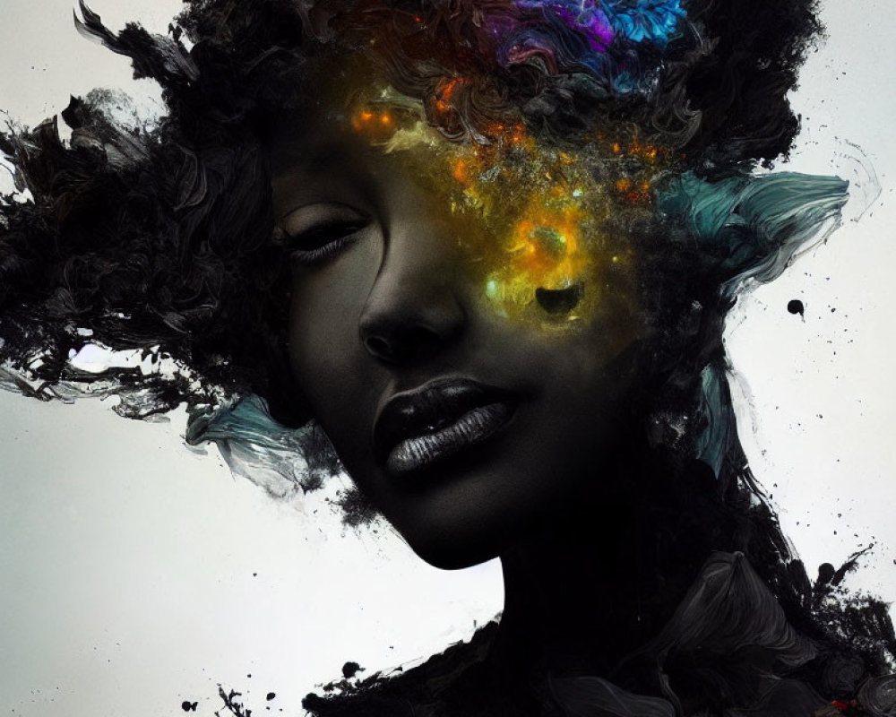 Abstract surreal portrait with cosmic explosion of colors on dark backdrop