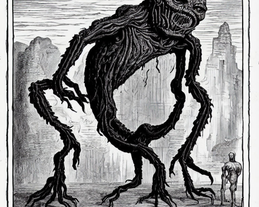 Towering creature with tentacles confronts small human figure in cityscape.