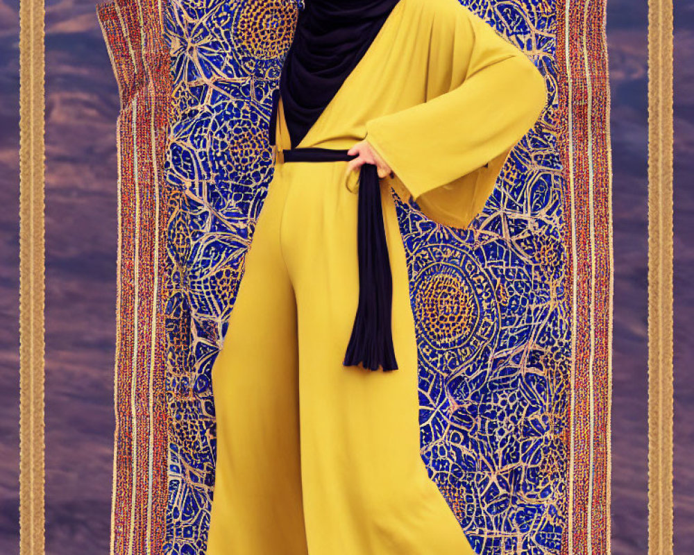 Vibrant yellow dress with black belt and hijab against blue and gold backdrop