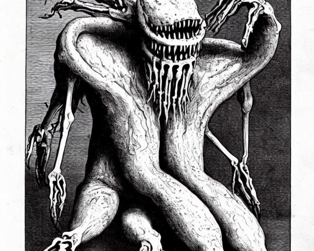 Monochrome drawing of a sinister, humanoid creature with long limbs and sharp claws