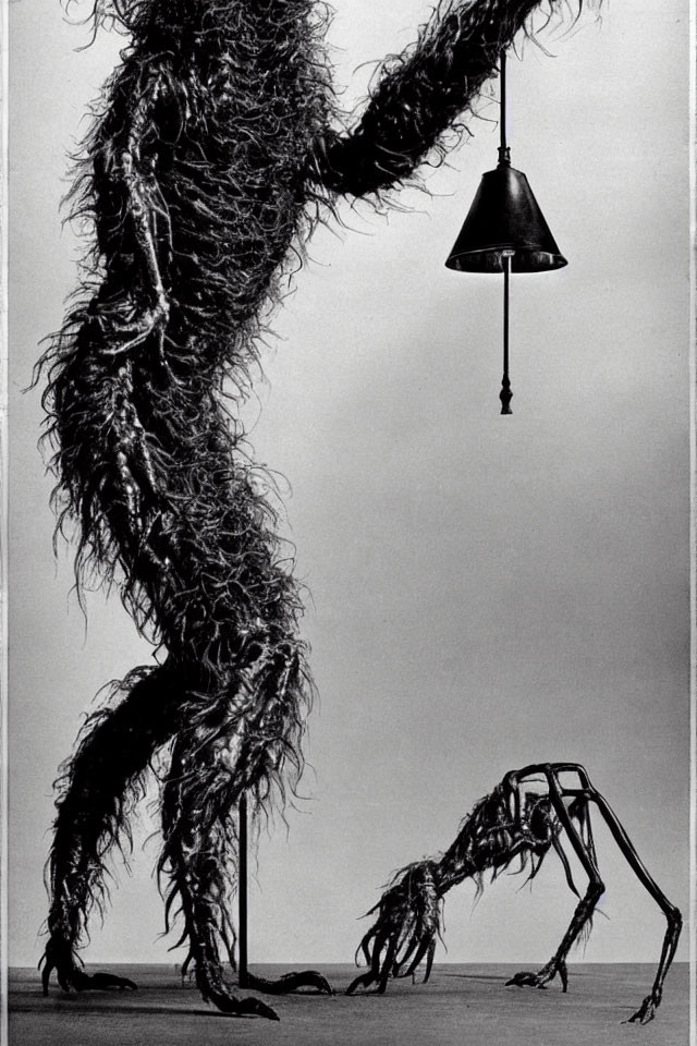 Surreal black and white image of hairy bipedal creature with hanging lamp and skeletal figure